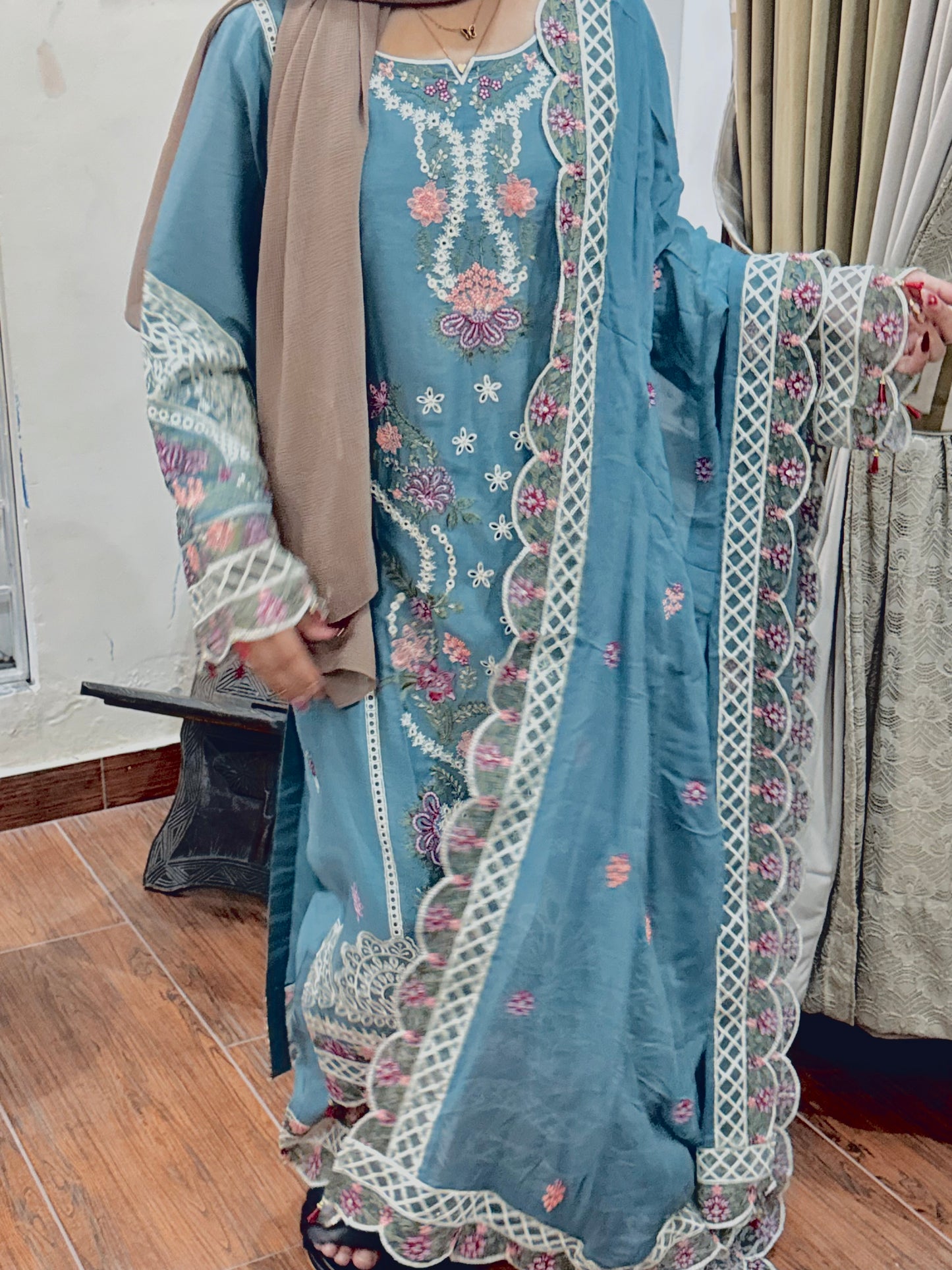 Azure Blossom – 3PC Luxury Embroidered Lawn Suit