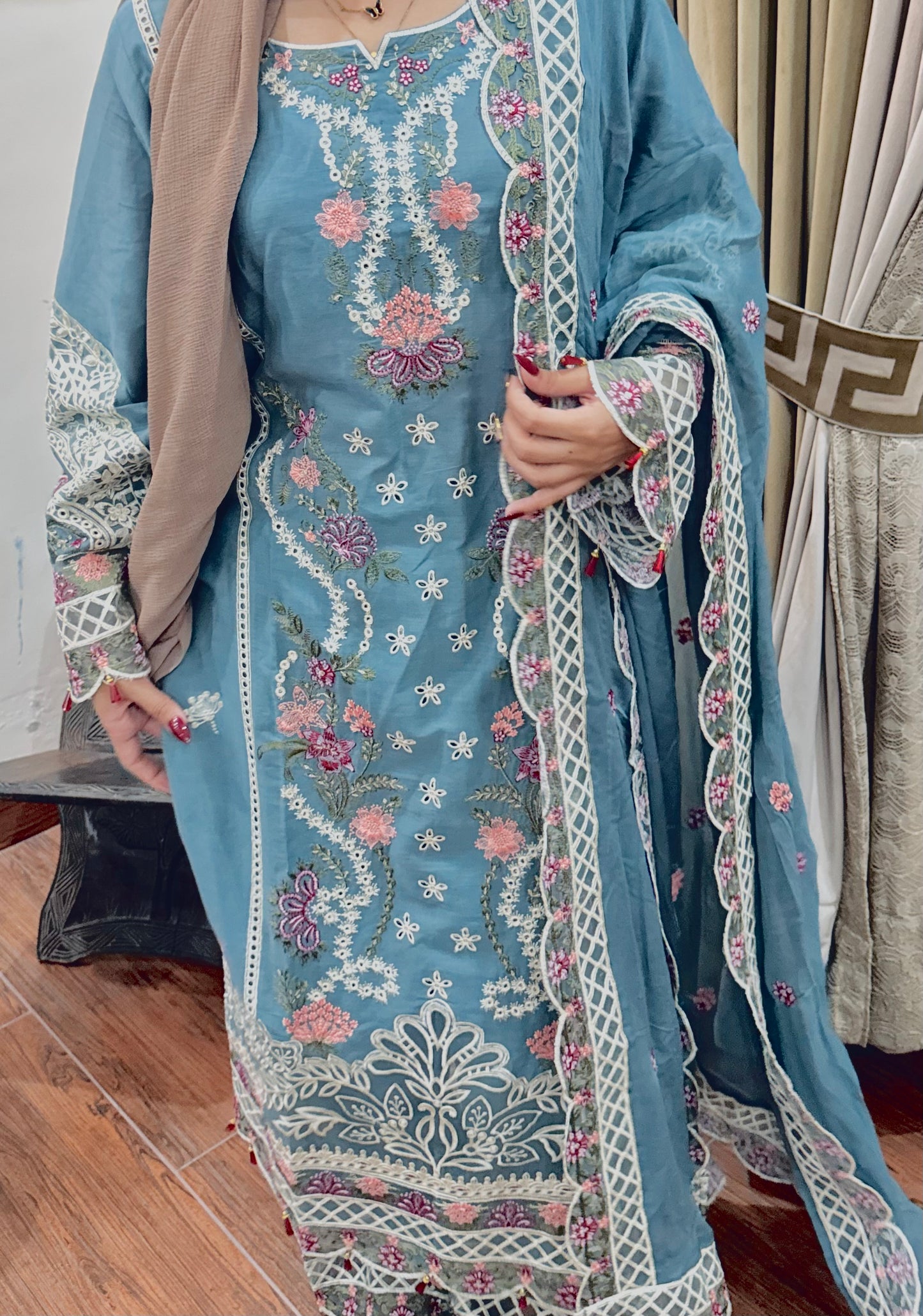 Azure Blossom – 3PC Luxury Embroidered Lawn Suit